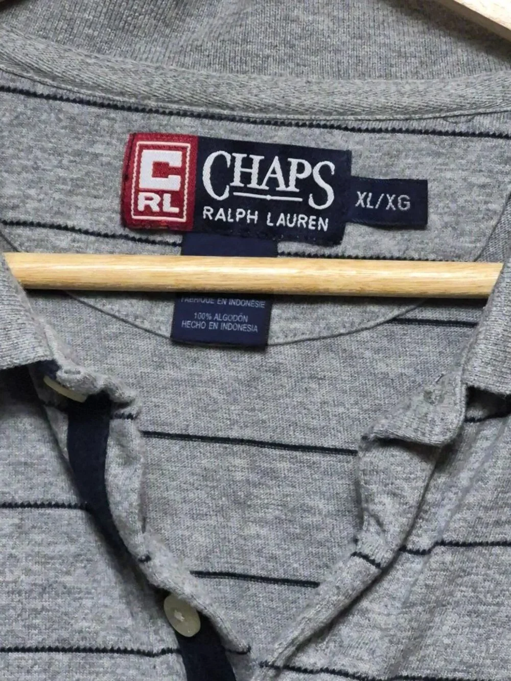 Chaps Ralph Lauren XL Vintage Grey Strip Logo Classic 90s Designer Polo Shirt